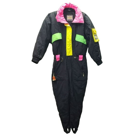 Vintage Tyrolia By Head Ladies Celtech Ski Suit Size 8 Black Pink Green Yellow N - Picture 1 of 16